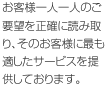 お客様一人一人のご要望を正確に読み取り、そのお客様に最も適したサービスを提供しております。